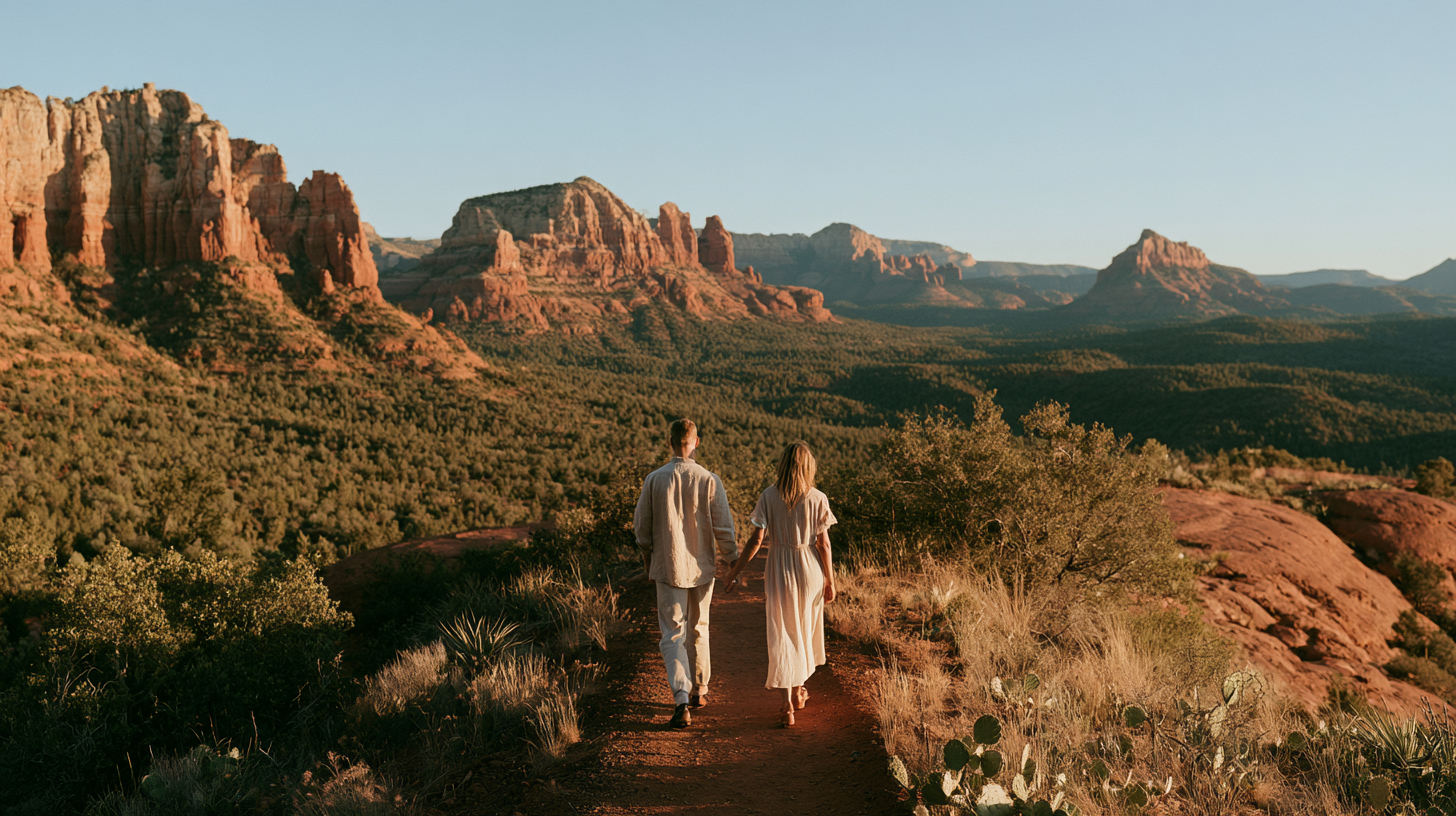 A couple in their late thirties walking side by side at Vale