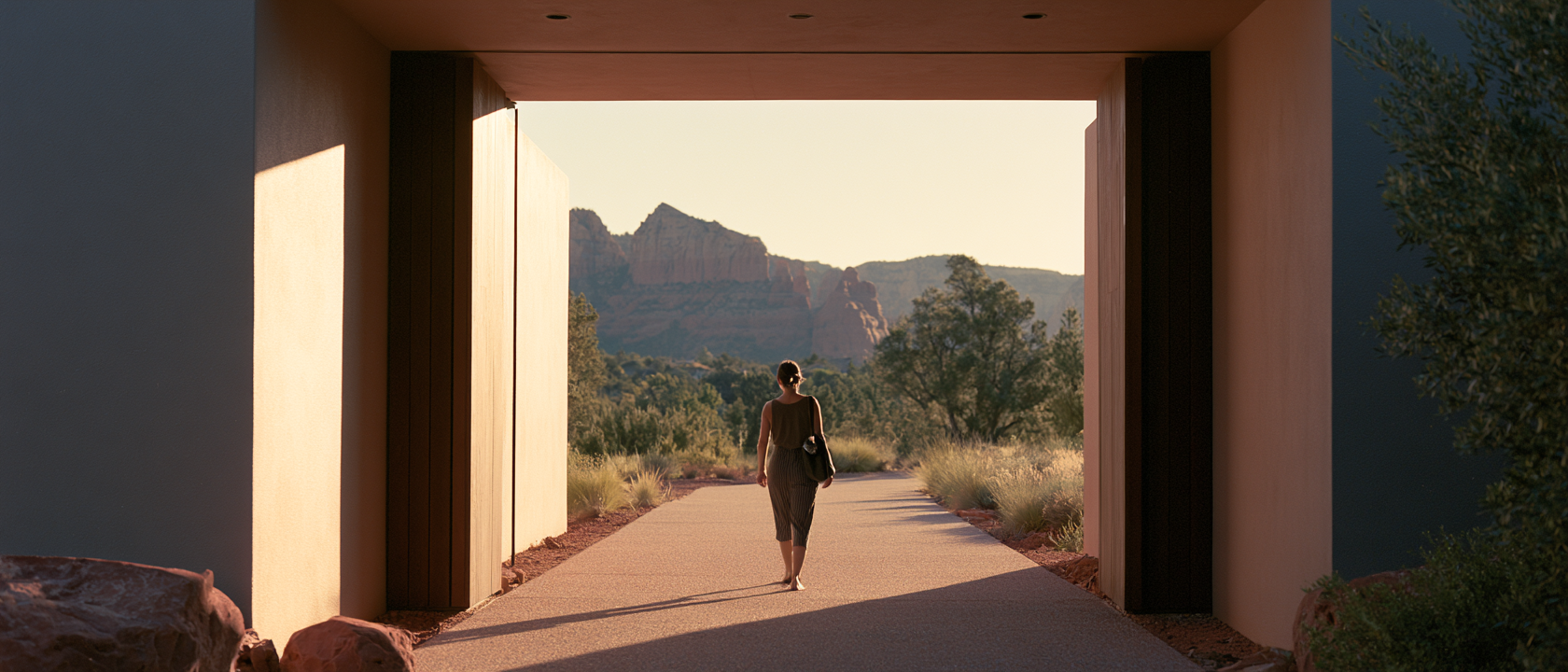A woman walking alone through the departure entry at Vale