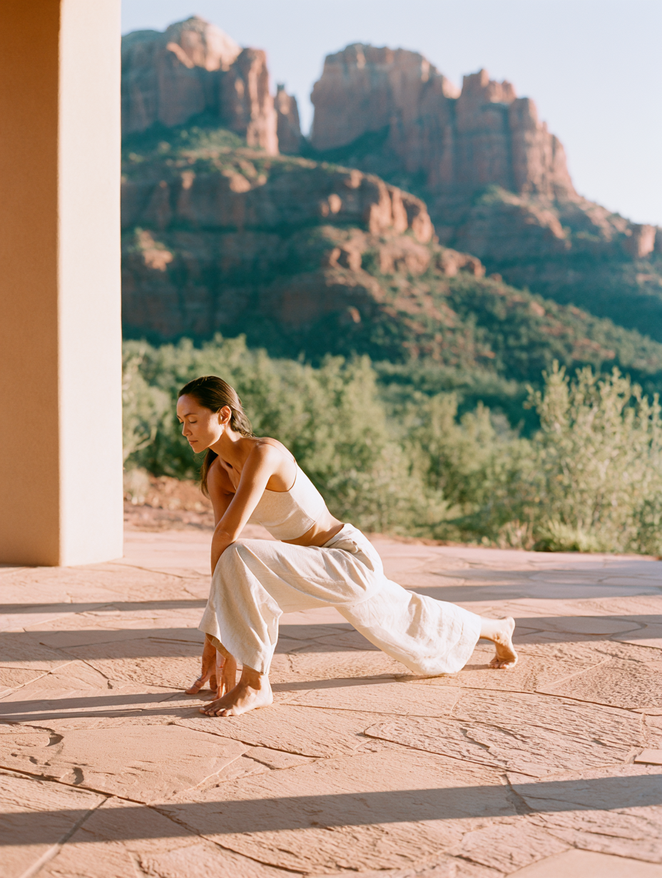 A woman in her late thirties performing a slow controlled movement at Vale