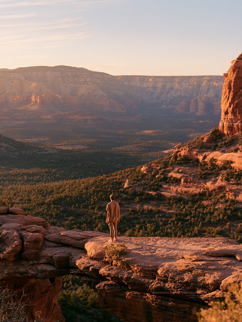 A lone figure standing completely still on a red rock at Vale