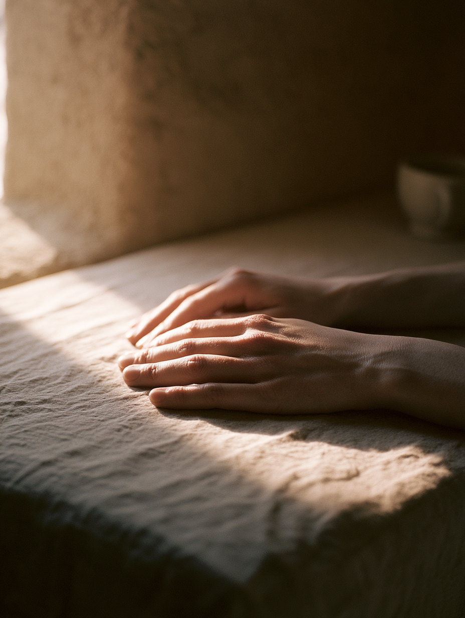 Two hands resting still on raw linen