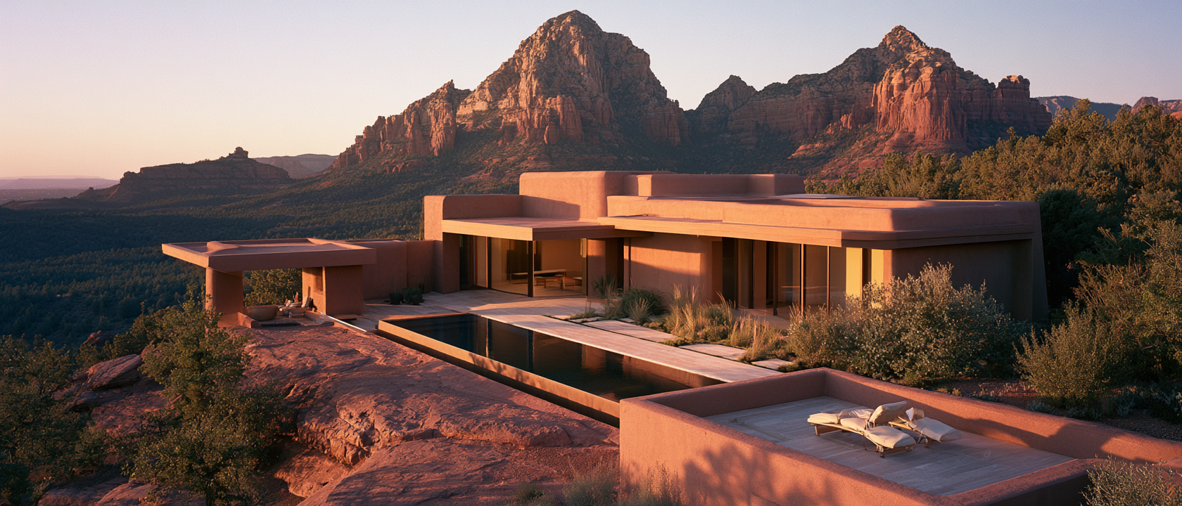 Wide overhead aerial of Vale Wellness Retreat in the Sedona desert