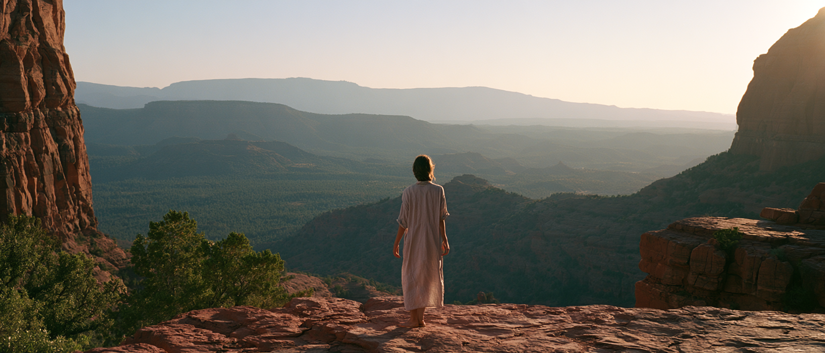 A lone figure standing still on a desert ridge