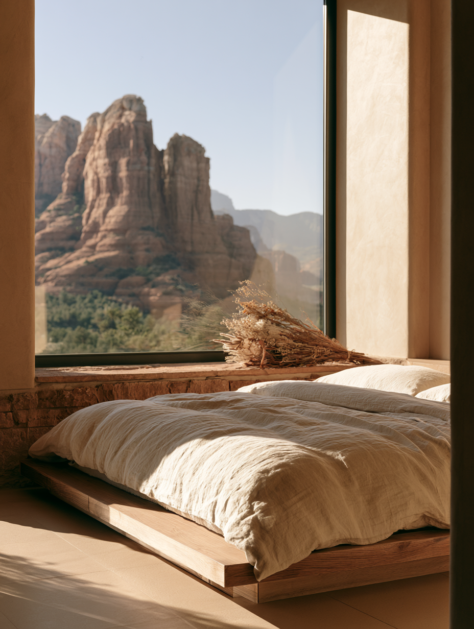 Interior of a minimalist desert suite at Vale, Sedona